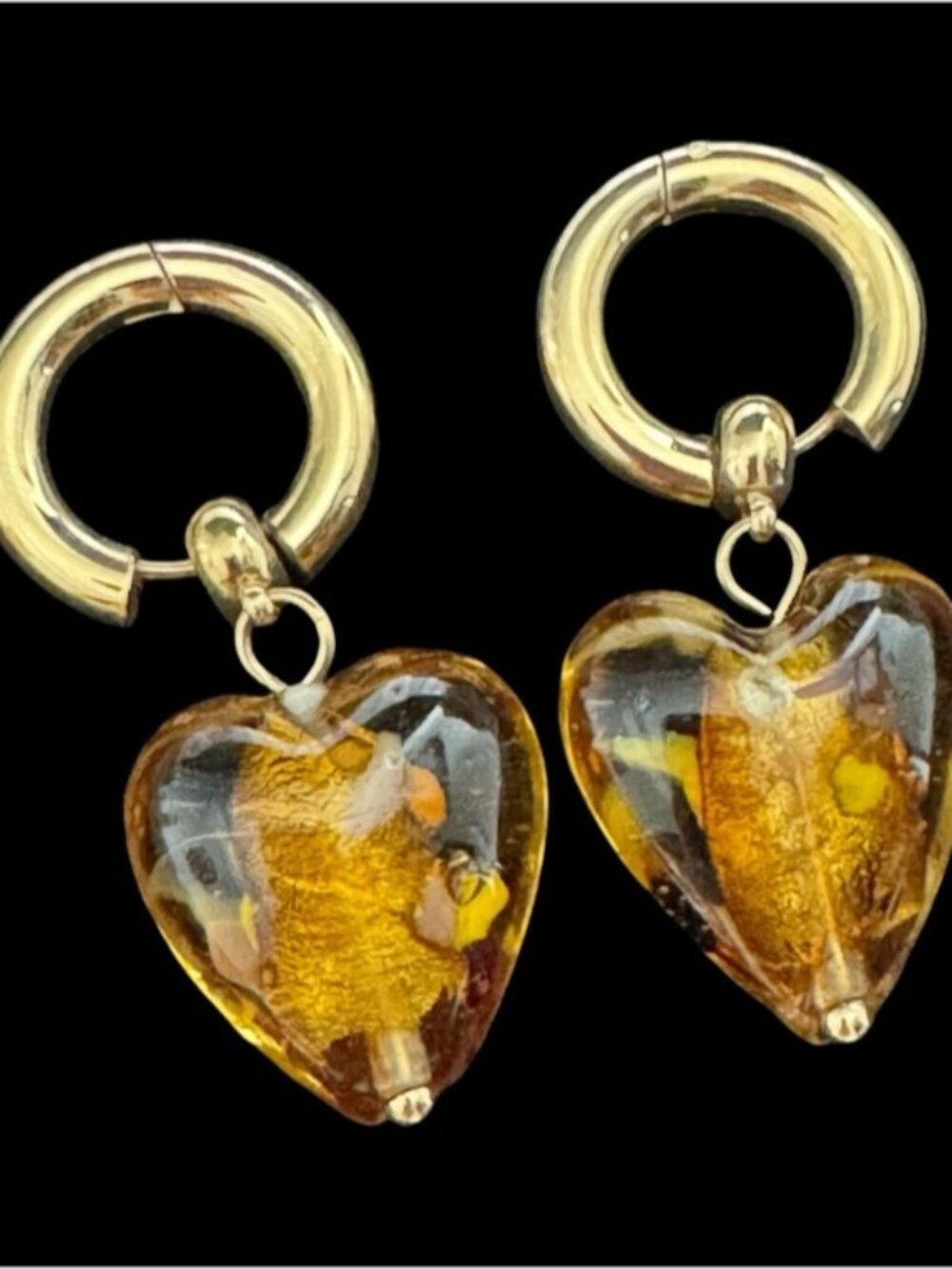 ✨Beautiful Gold Hoop Earrings with Amber Glass Heart Dangles